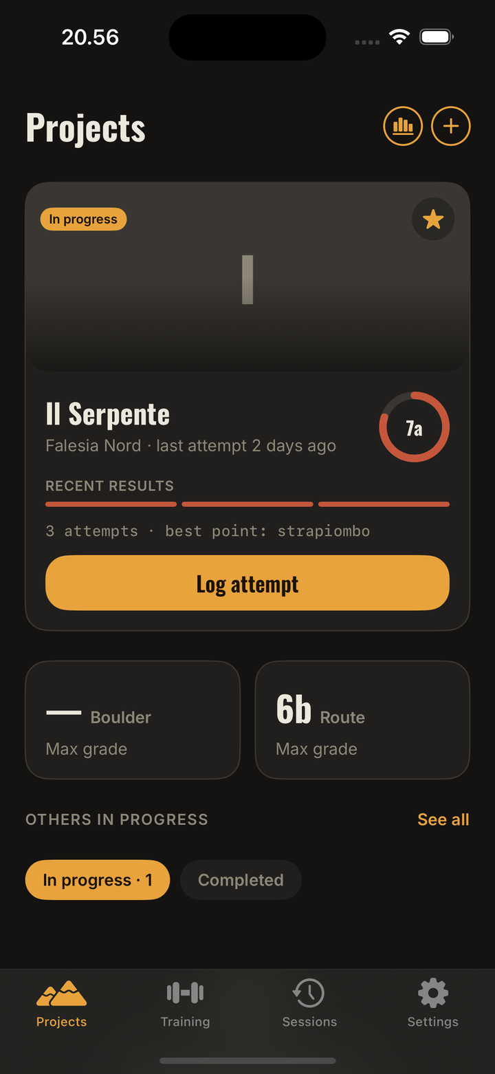 Climb Companion Projects screen