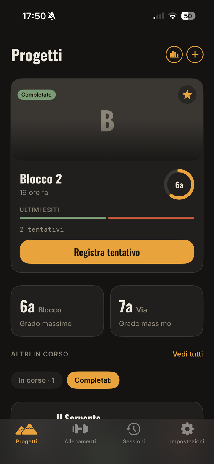Schermata Progetti di Climb Companion
